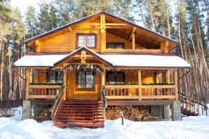 Timber Frame Home in Winter Scene