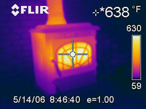 Photograph of a wood stove taken with an infrared camera